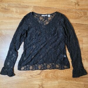Envisions Studio Gothic Black Sheer Lace Long Sleeve Blouse